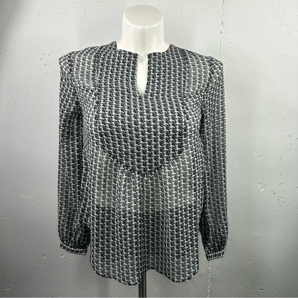 Christopher & Banks Gray Floral Sheer Long Sleeve Blouse S